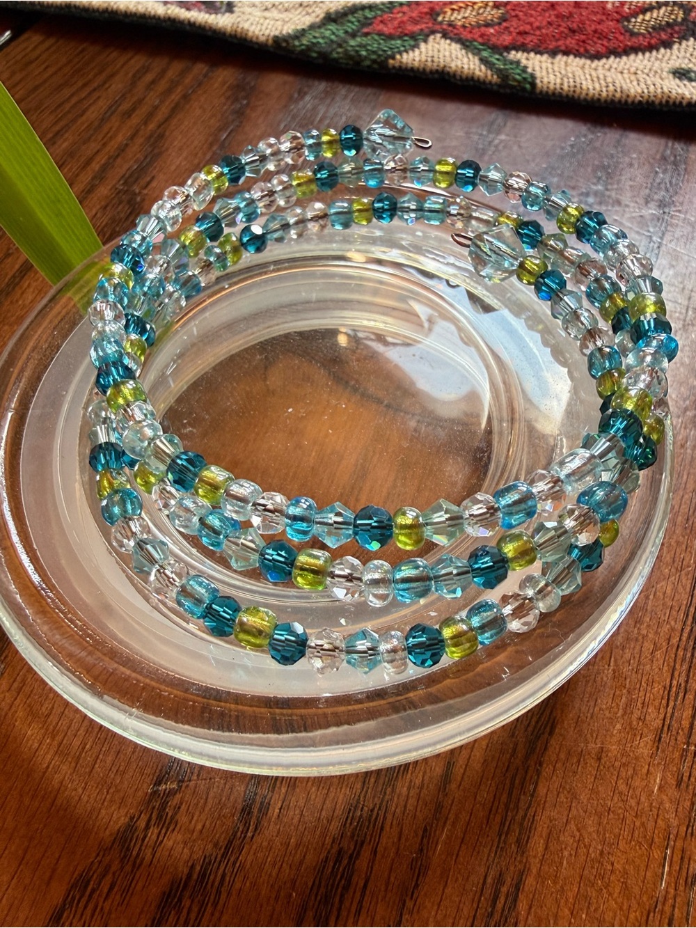 Beaded Coil Bracelet - Teal, Lime & Clear